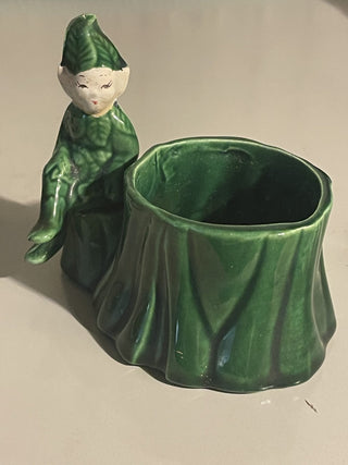 3.5" Vtg Pixie Elf Green Stump Planter, Treasure Craft--SP RCD