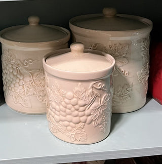 Set of 3 Harry & David Ceramic Cannisters from Portugal Grape Embossed RCD