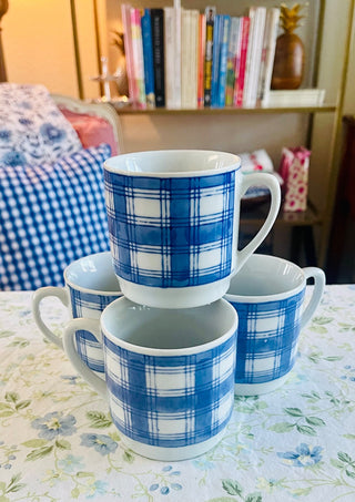 BP 4 Vintage Williams Sonoma blue Plaid Coffee Cups RCD|81763