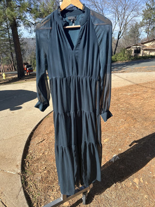 #2 1.State Dark Teal Long Sleeve Smocked Waist High-Low Sheer Ruffled Tiered Dress sz S