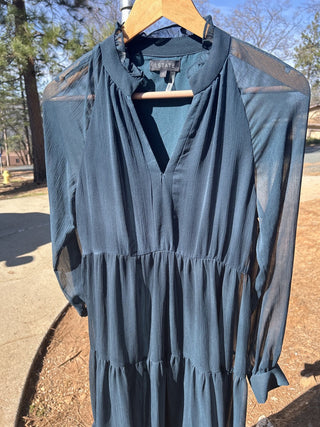 #2 1.State Dark Teal Long Sleeve Smocked Waist High-Low Sheer Ruffled Tiered Dress sz S