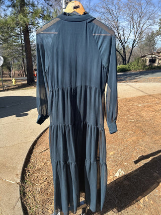 #2 1.State Dark Teal Long Sleeve Smocked Waist High-Low Sheer Ruffled Tiered Dress sz S
