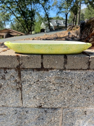 JP yellow, green oval-shaped BIA Cordon Bleu ceramic serving dish