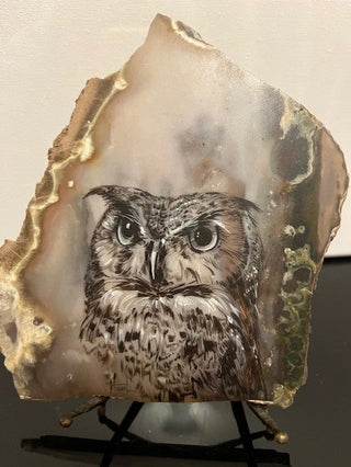 #744 Painted Stone Owl with Stand