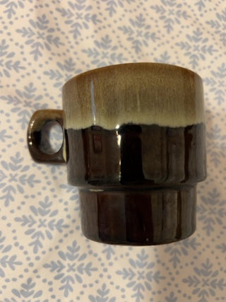 ONE vintage stackable brown and tan/cream drip-glaze