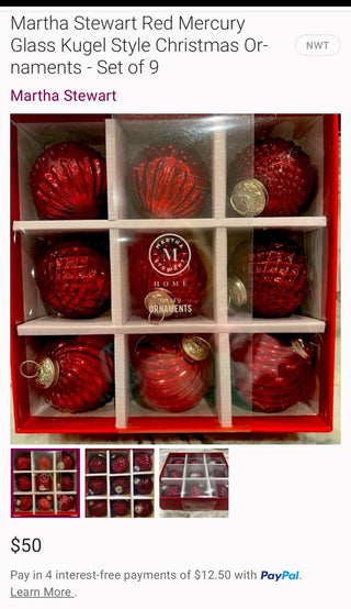 Martha Stewart Red Mercury Glass Ornaments box of 9 MTS|131667