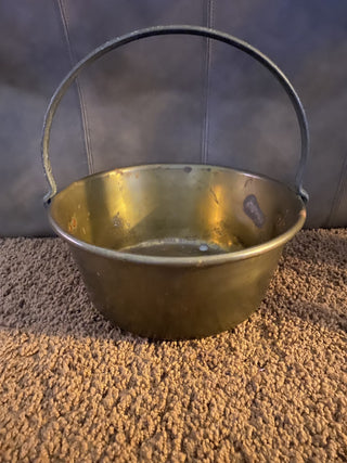 Vintage solid brass cooking pot with iron handle