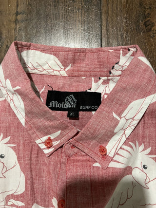 Men's XL Molokai Surf Company Reverse Red Parrot Hawaiian Shirt RCD