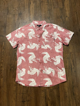 Men's XL Molokai Surf Company Reverse Red Parrot Hawaiian Shirt RCD