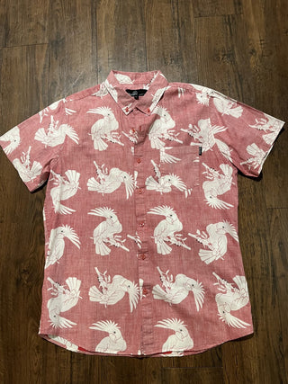 Men's XL Molokai Surf Company Reverse Red Parrot Hawaiian Shirt RCD