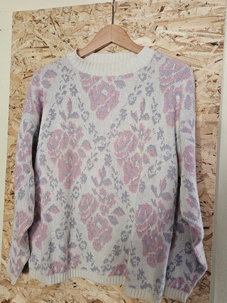 SWEATER SALE - bri.craftique - Women's Vtg Pink + Purple Rose Sweater (S/M) (BRI) - MTS