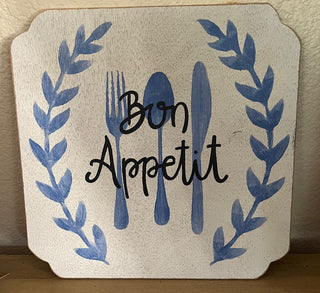 WOOD BON APPETIT SIGN HANDMADE BLUE & WHITE 12 X 12 (KJS) RCD