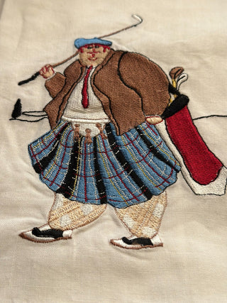 Tea Towel - Linen embroidered w/Scottish Kilted Golfer 14"x12.5" RCD