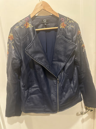 G by Giuliana Faux Leather Moto Jacket Navy Blue embroidered zip coat vegan L #63 VV MTS