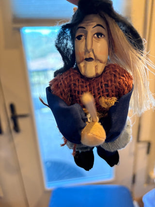 Vtg. German Good Luck Witch - wood head, straw hair, broom? RCD|118453