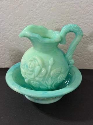vintage Avon Victoriana or Victorian Rose miniature pitcher and bowl set, made of green swirled milk or slag glass. RCD