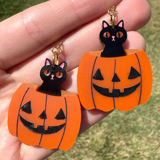 Pumpkin Halloween Cat Dangle Earrings MTS|110134
