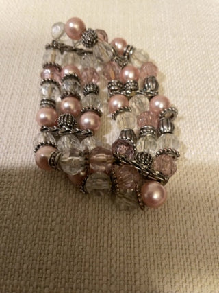 Pink clear, silver bead stretch bracelet three strands