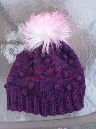 Beanie Plum Color, hand knit with bobbles and pom pom|117049
