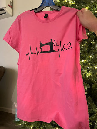 Women's L , tee pink with sewing heart rythem