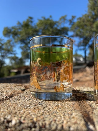 SET OF 5 Mid Century Neiman Marcus Barware Green & Gold Leaf Cocktail Rocks Glasses