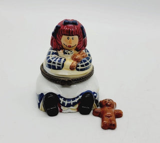 Vintage Raggedy Ann Doll Hinged Trinket Box with Ceramic Trinket Bear 3" #62 VV MTS