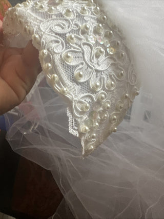 Bridal Beaded Headband Veil White Two Tier Wedding short Tulle #62 VV MTS|74986