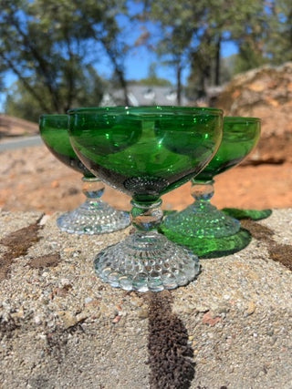 SET OF 3 Anchor Hocking Emerald Green Bubble Feet Champagne / Sherbet Glasses