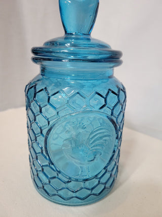 Blue Honeycomb Glass Canister w/Rooster and Lid RCD|82560