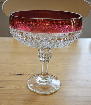 Vintage Indiana Glass Ruby Red Rim Diamond Point Candy Dish Compote Bowl, RSV|107024