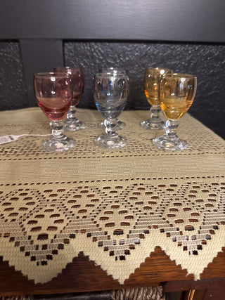 Vintage Crystal Preziosi Cordial Glasses Blue, Yellow & Violet made in Italy-Chip in one Blue  set of 6 -RCD|112297