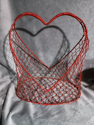 vintage red wire metal heart-shaped basket rsv