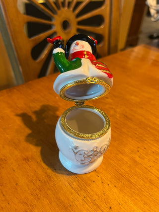 Vintage Porcelain Snowman w/Cardinal Hinged Trinket Box RSV|123700