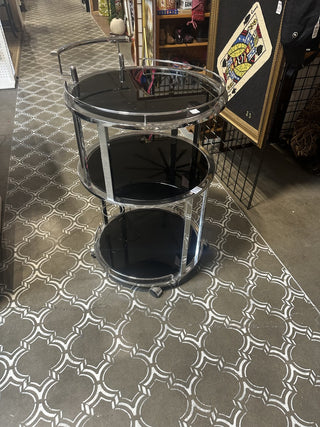 Mid-century modern  Rolling 3-Tier Round Bar Cart Chrome And Black With Wheel & Handle #47 VV MTS|112644