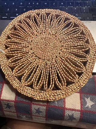 Vintage wicker Rattan Straw woven Trivet Hot Pad Flower 7" #63 VV MTS|108571
