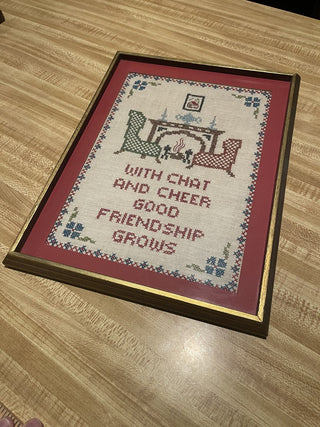 14"x10.5"  Vtg Framed Cross Stitch, Good Friendship--SP RCD