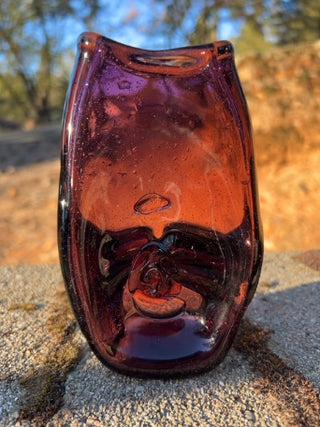 JP 5.75” vintage mid-century modern hand-blown amethyst purple art glass pinched double-spill vase