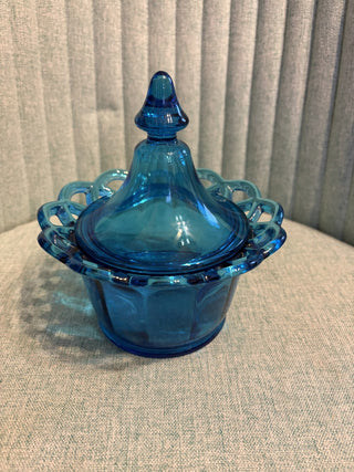 Imperial Blue Laced Edge Footed Compote/Candy Dish w/ Lid - RSV