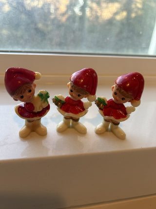 VTG 3 Mini Christmas Girls Hard Plastic Red Dress Pixie Elf H2.5" , 1960’s-RSV|140375