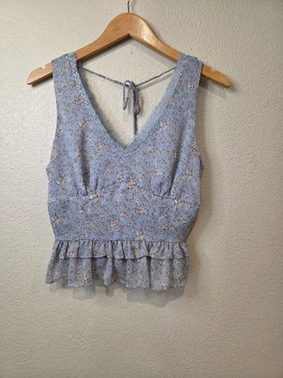 Lush blue floral and lace top RSV