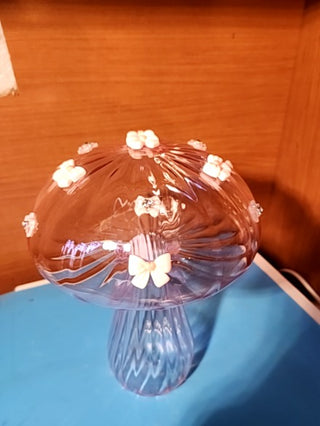 Beautiful pink blowing glass mushroom with bows, ten inches tall