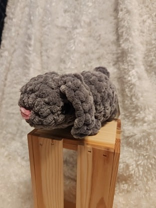 Bunny: Crocheted- gray, floppy ears, pink nose, so soft!