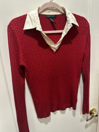 Ralph Lauren Large Red Cashmere Long sleeve, Silk V-Neck collared #63 VV MTS|135842