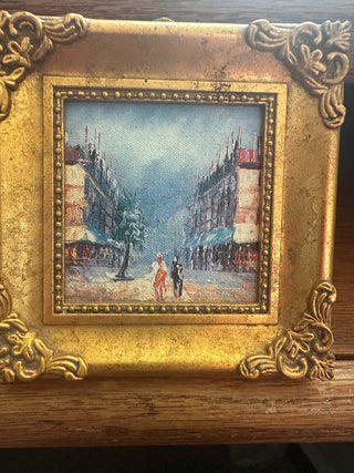 Vtg. 4"x4" Oil Painting on canvas, gold ornate frame by , signed  -RCD
