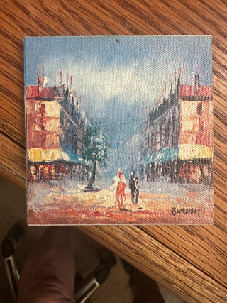 Vtg. 4"x4" Oil Painting on canvas, gold ornate frame by , signed  -RCD