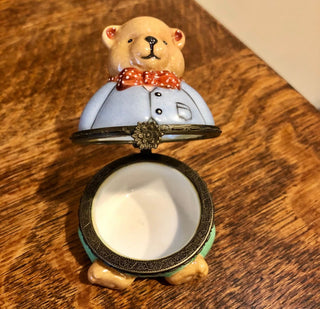 Teddy Bear Red Polka Dot Bow Tie Porcelain hinged Keepsake trinket box #62 VV MTS|72975