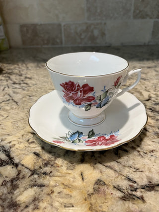 Vintage Pink Blue Floral Tea Cup & Saucer (20) RCD
