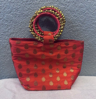 EMBROIDERED INDIAN RAW SILK PURSE, ORANGE WITH BEADED HANDLES|64856