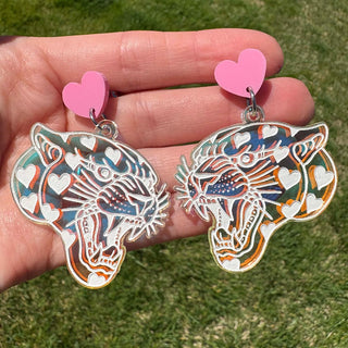 Iridescent Heart Panther Head Earrings MTS