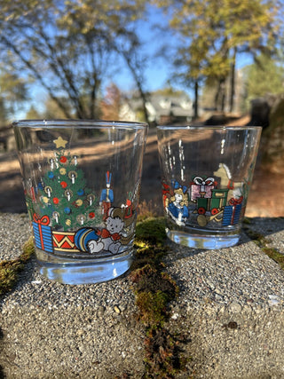 12F GCC JP Set of 4 Vintage Christmas Tree & Toys Rocks Tumbler Glass 1988 AHC MTS|134192